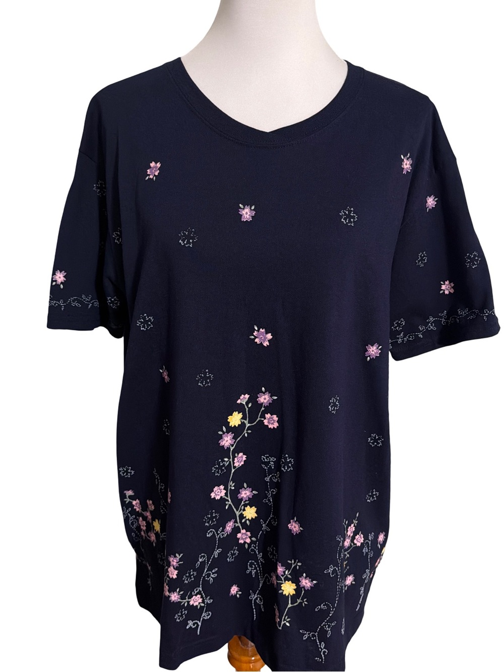Northern Reflections Navy Short Sleeve Top with Pink & Yellow Floral Embroidery